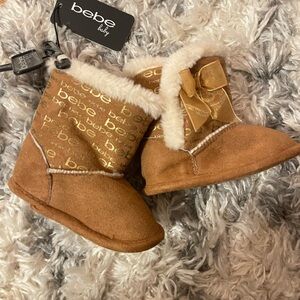 Bebe Baby Tan Booties with Fur and Bow size 3